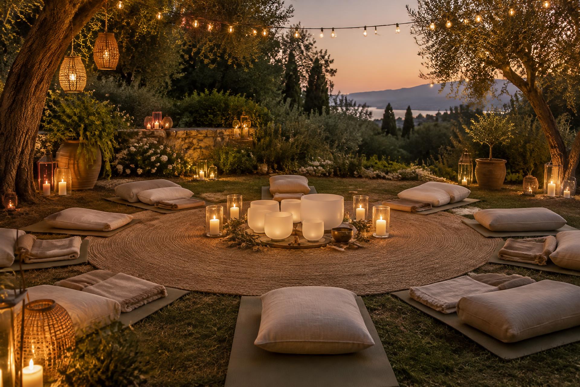 An outdoor garden at twilight with cushions and yoga mats arranged in a circle around crystal singing bowls, candles glowing and café lights strung overhead